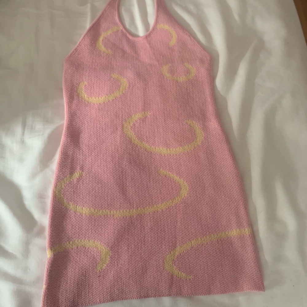 pink and yellow knit body con dress